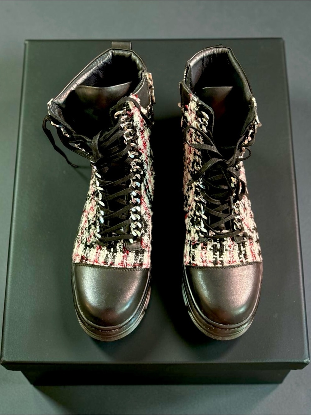 Wishbone Collection Tweed Lace-Up Combat Boots in Black and Pink